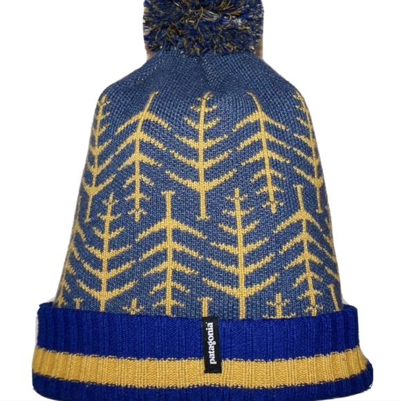 PATAGONIA Desert Blue & Mustard-Yellow Knit POM POM Hat ONE SIZE - Picture 2 of 15